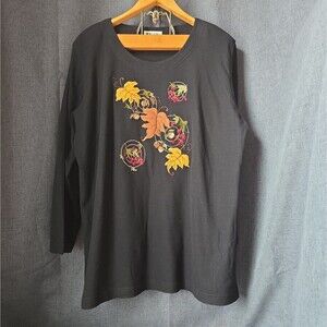 Vintage Kavio Designs Fall Embroidery Black Long Sleeve Shirt Size XXL Or XXXL